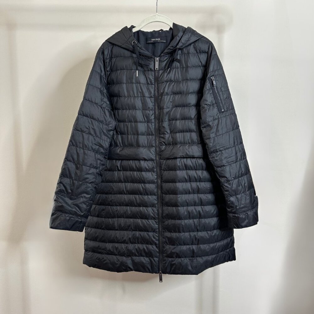 Zara Black Hooded Down Puffer Anorak Coat | Size XL